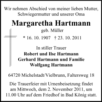 Traueranzeige von Margarethe Hartmann von Odenwälder Echo