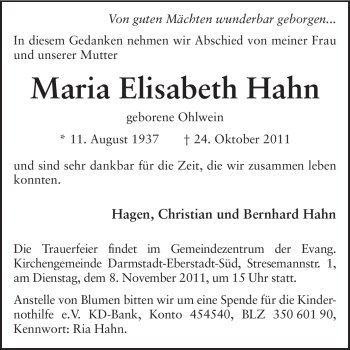 Traueranzeige von Maria Elisabeth Hahn von Echo-Zeitungen (Gesamtausgabe)