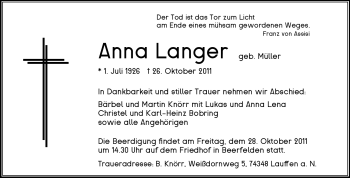 Traueranzeige von Anna Langer von Odenwälder Echo