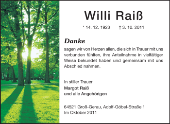 Traueranzeige von Willi Raiß von Rüsselsheimer Echo, Groß-Gerauer-Echo, Ried Echo