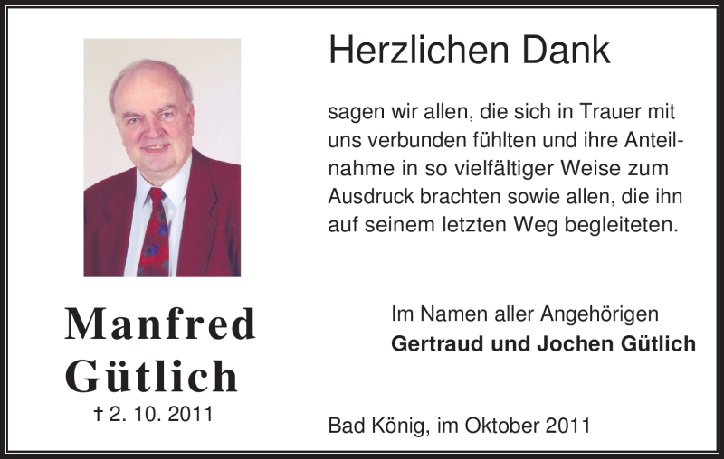  Traueranzeige für Manfred Gütlich vom 29.10.2011 aus Odenwälder Echo