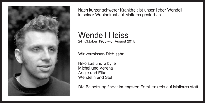  Traueranzeige für Wendell Heiss vom 15.08.2015 aus trauer.echo-online.de