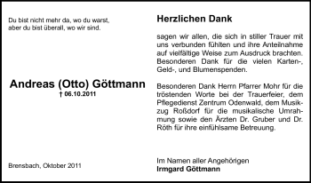 Traueranzeige von Andreas (Otto) Göttmann von Echo-Zeitungen (Gesamtausgabe)