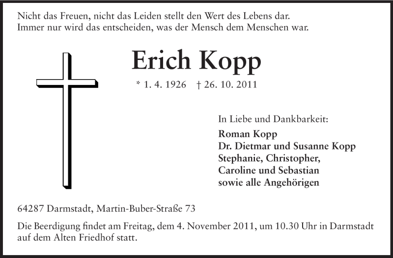  Traueranzeige für Erich Kopp vom 29.10.2011 aus Echo-Zeitungen (Gesamtausgabe)