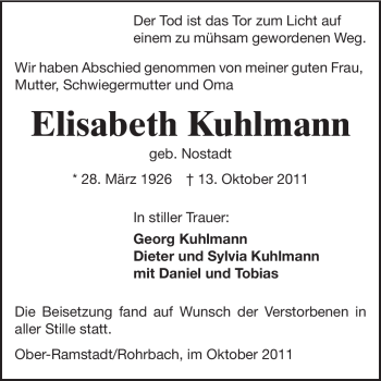 Traueranzeige von Elisabeth Kuhlmann von Echo-Zeitungen (Gesamtausgabe)
