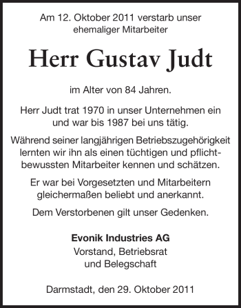 Traueranzeige von Gustav Judt von Echo-Zeitungen (Gesamtausgabe)