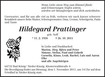 Traueranzeige von Hildegard Prattinger von Odenwälder Echo