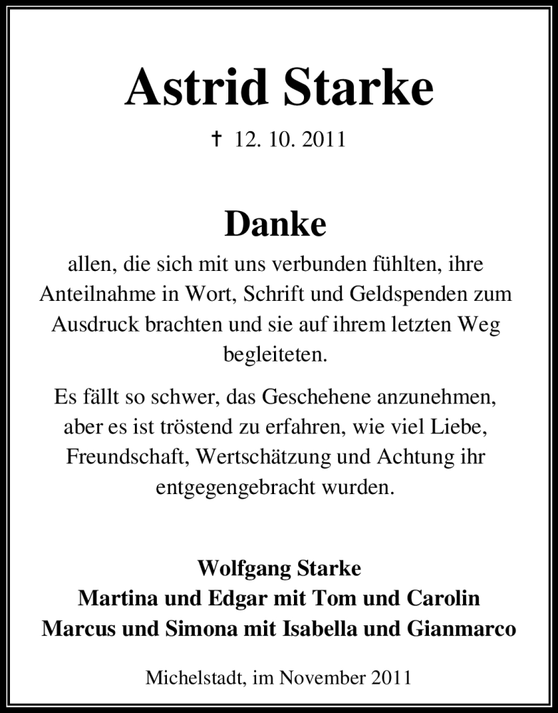  Traueranzeige für Astrid Starke vom 05.11.2011 aus Odenwälder Echo