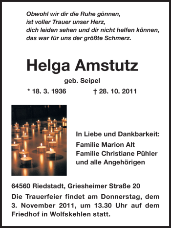 Traueranzeige von Helga Amstutz von Rüsselsheimer Echo, Groß-Gerauer-Echo, Ried Echo