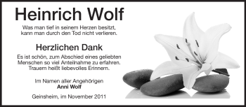 Traueranzeige von Heinrich Wolf von Rüsselsheimer Echo, Groß-Gerauer-Echo, Ried Echo