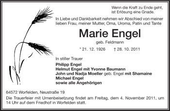 Traueranzeige von Marie Engel von Darmstädter Echo, Odenwälder Echo, Rüsselsheimer Echo, Groß-Gerauer-Echo, Ried Echo