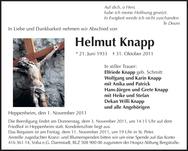  Traueranzeige für Helmut Knapp vom 01.11.2011 aus Starkenburger Echo