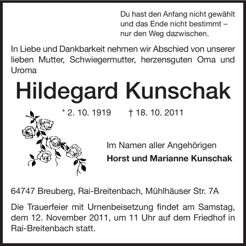  Traueranzeige für Hildegard Kunschak vom 08.11.2011 aus Odenwälder Echo