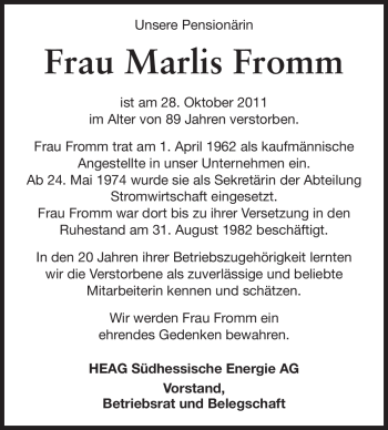 Traueranzeige von Marlis Fromm von Echo-Zeitungen (Gesamtausgabe)