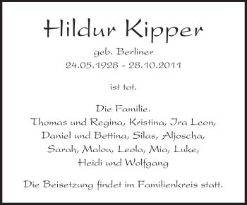 Traueranzeige von Hildur Kipper von Echo-Zeitungen (Gesamtausgabe)