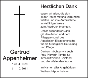 Traueranzeige von Gertrud Appenheimer von Darmstädter Echo, Odenwälder Echo, Rüsselsheimer Echo, Groß-Gerauer-Echo, Ried Echo