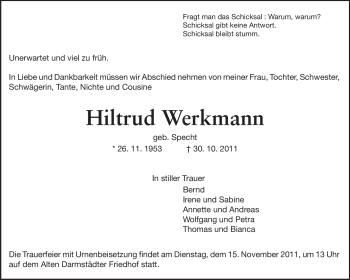 Traueranzeige von Hiltrud Werkmann von Darmstädter Echo, Odenwälder Echo, Rüsselsheimer Echo, Groß-Gerauer-Echo, Ried Echo