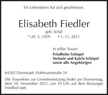 Traueranzeige von Elisabeth Fiedler von Darmstädter Echo, Odenwälder Echo, Rüsselsheimer Echo, Groß-Gerauer-Echo, Ried Echo