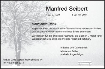 Traueranzeige von Manfred Seibert von Rüsselsheimer Echo, Groß-Gerauer-Echo, Ried Echo