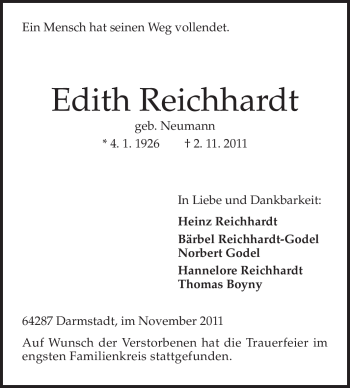 Traueranzeige von Edith Reichhardt von Darmstädter Echo, Odenwälder Echo, Rüsselsheimer Echo, Groß-Gerauer-Echo, Ried Echo