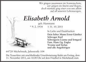 Traueranzeige von Elisabeth Arnold von Odenwälder Echo