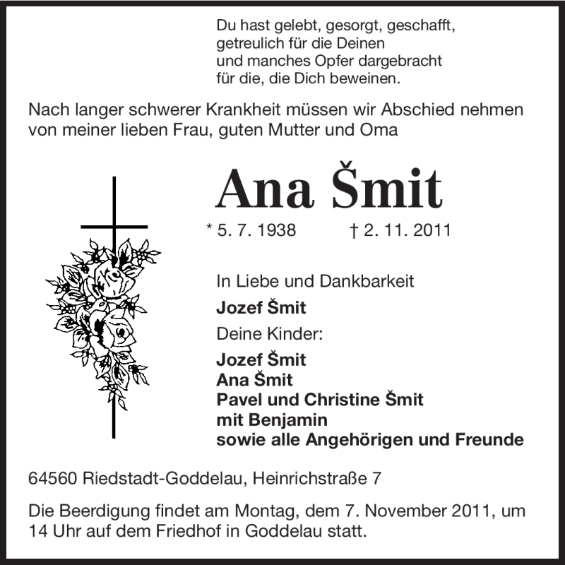  Traueranzeige für Ana Smit vom 05.11.2011 aus Rüsselsheimer Echo, Groß-Gerauer-Echo, Ried Echo