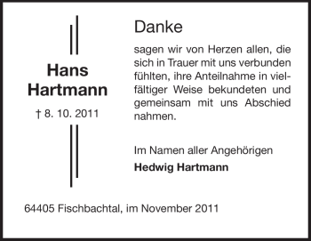 Traueranzeige von Hans Hartmann von Echo-Zeitungen (Gesamtausgabe)