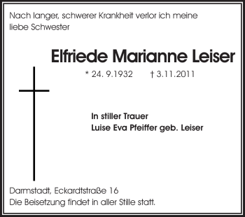 Traueranzeige von Elfriede Marianne Leiser von Echo-Zeitungen (Gesamtausgabe)
