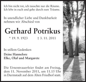 Traueranzeige von Gerhard Potrikus von Darmstädter Echo, Odenwälder Echo, Rüsselsheimer Echo, Groß-Gerauer-Echo, Ried Echo
