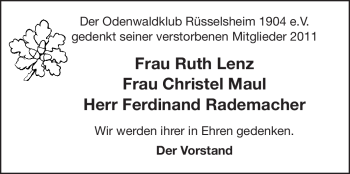 Traueranzeige von Mitglieder Odenwaldklub Rüsselsheim  von Rüsselsheimer Echo, Groß-Gerauer-Echo, Ried Echo