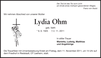 Traueranzeige von Lydia Ohm  von Rüsselsheimer Echo, Groß-Gerauer-Echo, Ried Echo