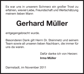 Traueranzeige von Gerhard Müller von Darmstädter Echo, Odenwälder Echo, Rüsselsheimer Echo, Groß-Gerauer-Echo, Ried Echo