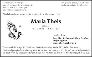 Traueranzeige von Maria Theis von Darmstädter Echo, Odenwälder Echo, Rüsselsheimer Echo, Groß-Gerauer-Echo, Ried Echo