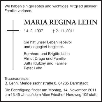 Traueranzeige von Maria Regina Lehn von Echo-Zeitungen (Gesamtausgabe)
