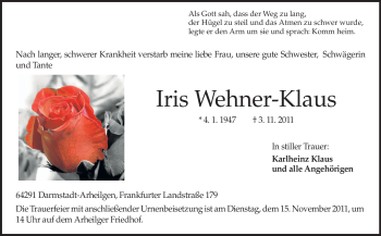 Traueranzeige von Iris Wehner-Klaus von Darmstädter Echo, Odenwälder Echo, Rüsselsheimer Echo, Groß-Gerauer-Echo, Ried Echo