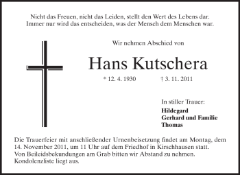 Traueranzeige von Hans Kutschera von Starkenburger Echo