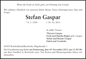 Traueranzeige von Stefan Gaspar von Odenwälder Echo