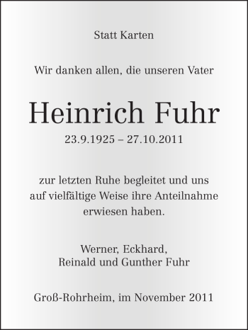 Traueranzeige von Heinrich Fuhr von Echo-Zeitungen (Gesamtausgabe)