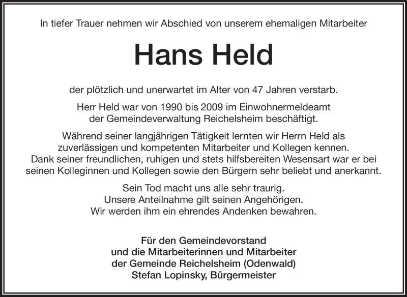  Traueranzeige für Hans Held vom 09.11.2011 aus Odenwälder Echo
