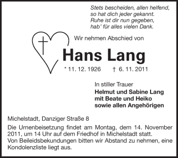 Traueranzeige von Hans Lang von Odenwälder Echo