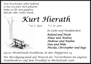 Traueranzeige von Kurt Hierath von Odenwälder Echo