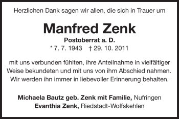 Traueranzeige von Manfred Zenk von Echo-Zeitungen (Gesamtausgabe)