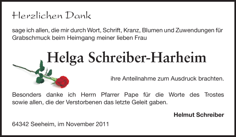 Traueranzeige für Helga Schreiber-Harheim vom 12.11.2011 aus Echo-Zeitungen (Gesamtausgabe)