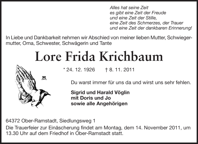  Traueranzeige für Lore Frieda Krichbaum vom 10.11.2011 aus Echo-Zeitungen (Gesamtausgabe)