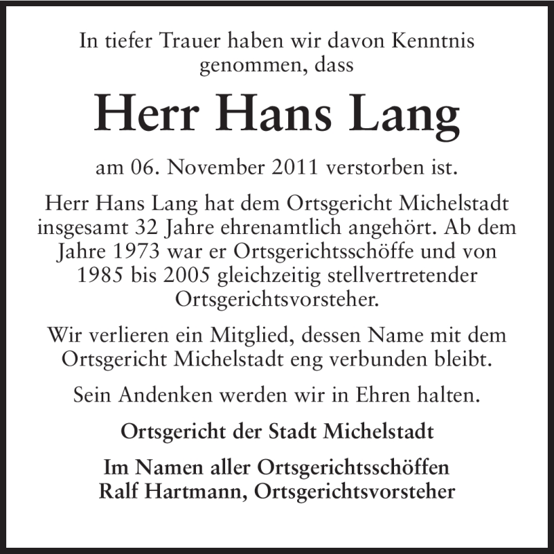  Traueranzeige für Hans Lang vom 10.11.2011 aus Odenwälder Echo
