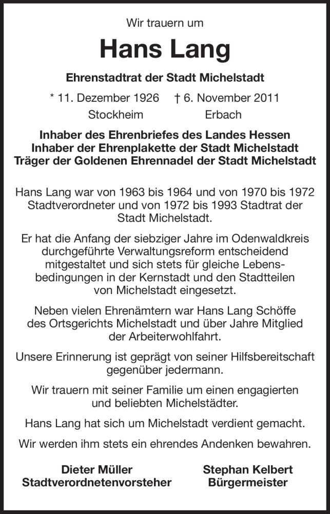  Traueranzeige für Hans Lang vom 10.11.2011 aus Odenwälder Echo