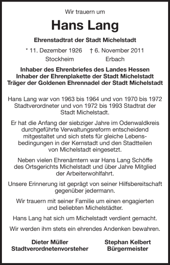 Traueranzeige von Hans Lang von Odenwälder Echo