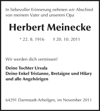 Traueranzeige von Herbert Meinecke von Echo-Zeitungen (Gesamtausgabe)