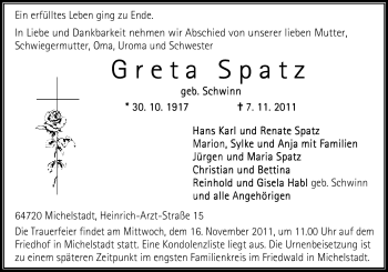 Traueranzeige von Greta Spatz von Odenwälder Echo