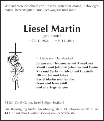 Traueranzeige von Liesel Martin von Rüsselsheimer Echo, Groß-Gerauer-Echo, Ried Echo